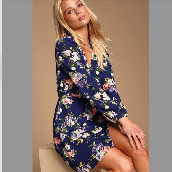 Women's XS Lulus That's a Wrap Navy Blue Floral Print Dress Long Sleeve - Picture 4 of 12